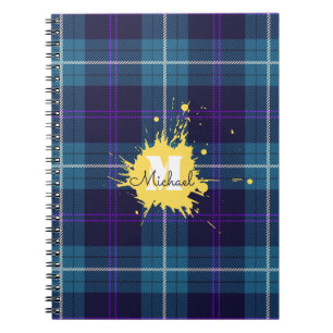 Caderno Espiral Monograma com respingo amarelo e xadrez azul Celad