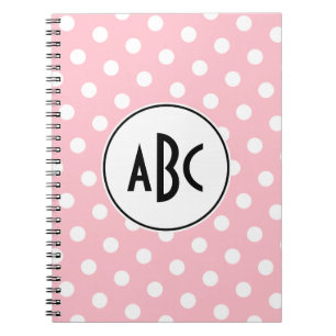 Caderno Espiral Monograma cor-de-rosa e branco preto das bolinhas