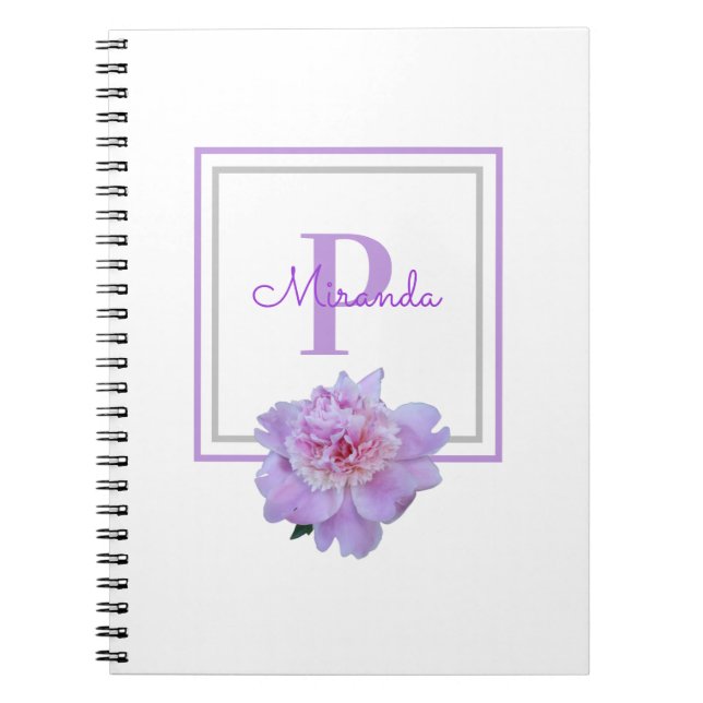 Caderno Espiral Monograma Cor-de-rosa Flor de Pênia Rosa (Frente)