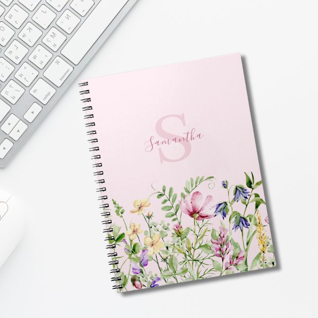 Caderno Espiral Monograma Cor-de-Rosa Flor Silvestre Personalizada (Criador carregado)