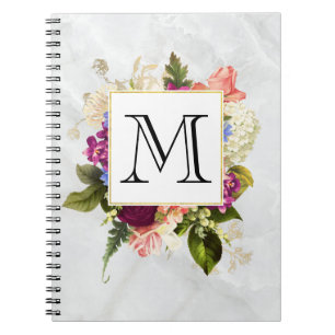 Caderno Espiral Monograma cor-de-rosa moderno do buquê floral da