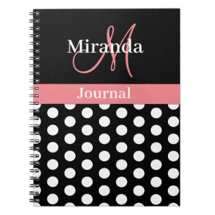 Caderno Espiral Monograma da Bolinhas branca, preto-e-rosa