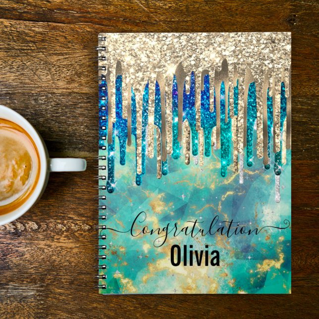 Caderno Espiral Monograma da turquesa de ouro azul-quico (Criador carregado)