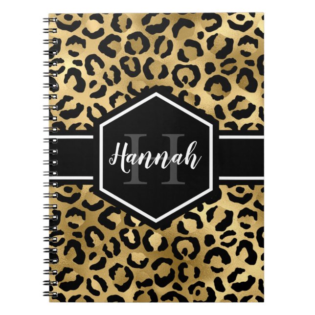 Caderno Espiral Monograma das Manchas Leopardo Pretas Douradas (Frente)