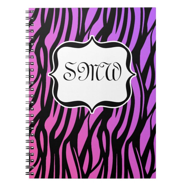 Caderno Espiral Monograma das tiras de zebra rosa/roxo quente (Frente)