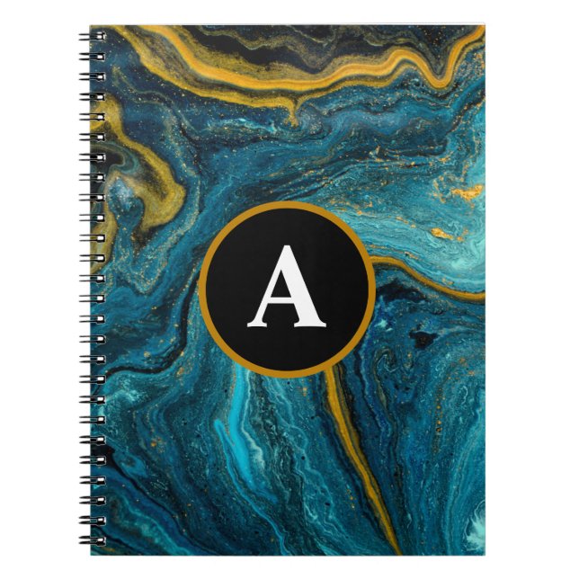 Caderno Espiral Monograma de abstrato Teal Dourado de Aquarela (Frente)