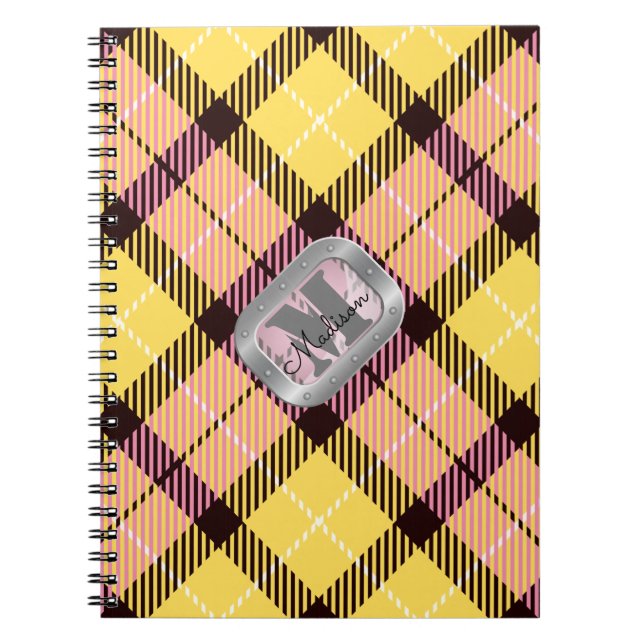 Caderno Espiral Monograma de Aço Metálico, cor-de-rosa, Xadrez ama (Frente)