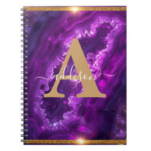 Caderno Espiral Monograma de Agitação Dourada Roxo Elegante Modern