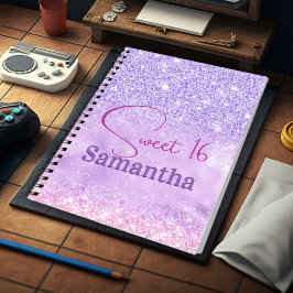 Caderno Espiral Monograma de aniversário brilhante cor-de-rosa púr