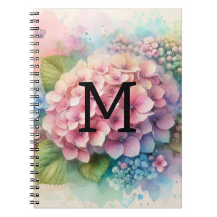 Caderno Espiral Monograma de aquarela floral hidrangea cor rosa