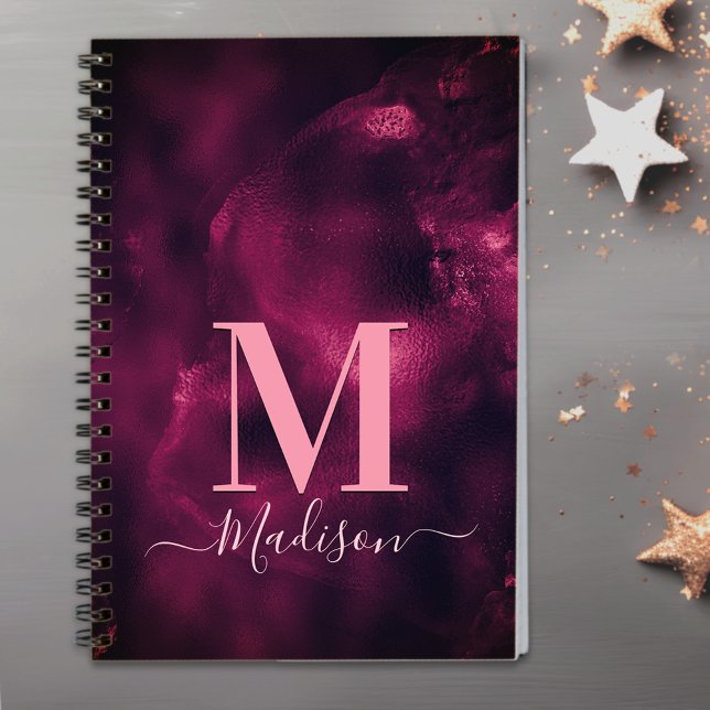 Caderno Espiral Monograma de arte em mármore rosa, magenta, bonito (Criador carregado)
