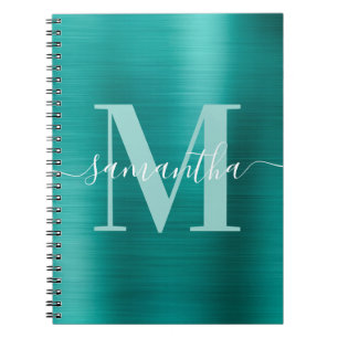 Caderno Espiral Monograma de Assinatura Aqua Teal Brilho Foil