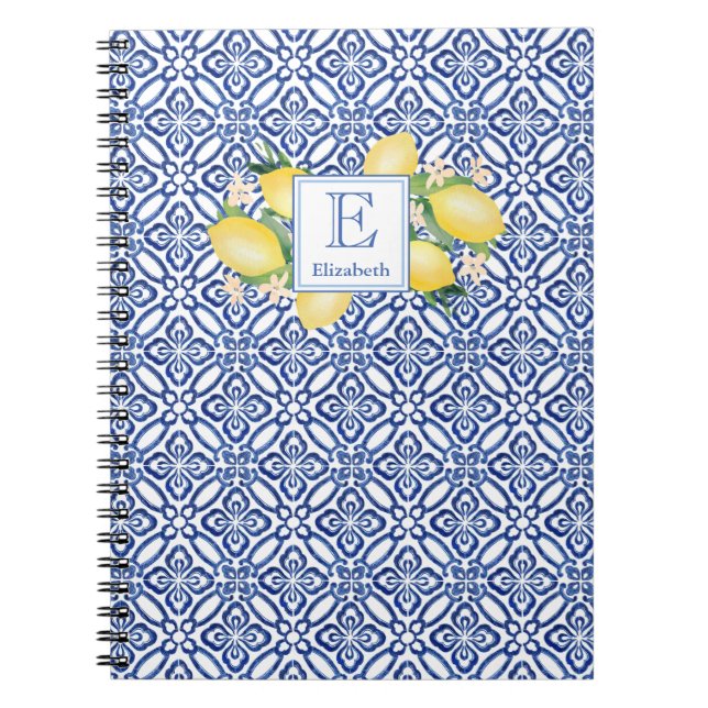 Caderno Espiral Monograma de Azulejos azuis de limões inspirados i (Frente)
