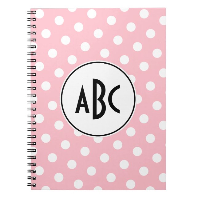 Caderno Espiral Monograma de Bolinhas Pretas, Rosa e Branco (Frente)
