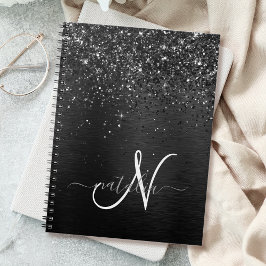 Caderno Espiral Monograma de brilho preto personalizado