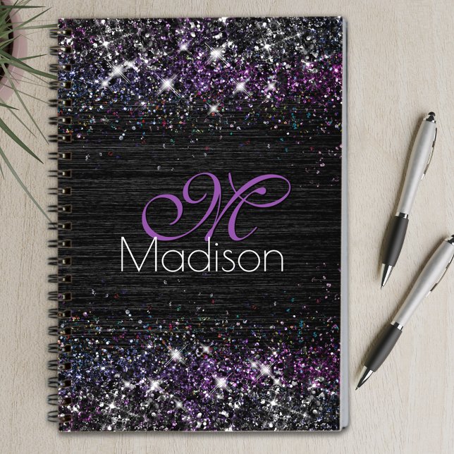 Caderno Espiral Monograma de brilho preto roxo e branco (Criador carregado)