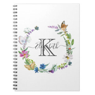 Caderno Espiral Monograma de Caligrafia Borboletas Flores