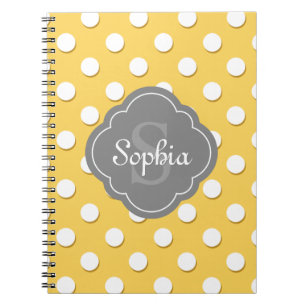 Caderno Espiral Monograma de Cinza de Padrão de Bolinhas Amarelo