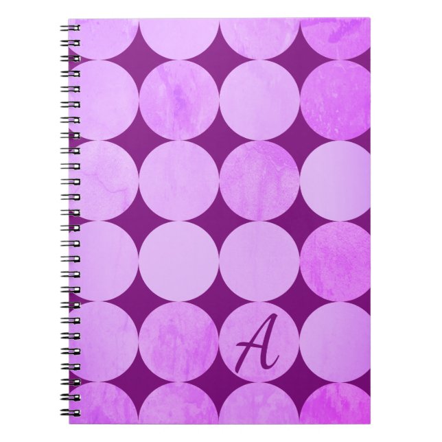 Caderno Espiral Monograma de círculos violeta, magenta púrpura e r (Frente)