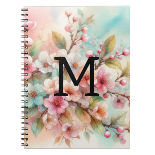 Caderno Espiral Monograma de coloração aquosa, cor-de-rosa, flores