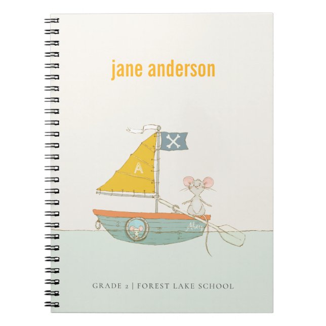 Caderno Espiral Monograma de Crianças de Navegação de Rato Pirata  (Frente)