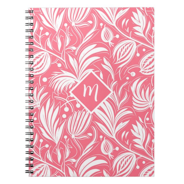 Caderno Espiral Monograma de Diamante de Padrão Floral Rosa Tropic (Frente)