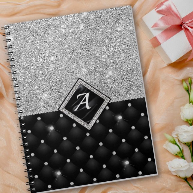 Caderno Espiral Monograma de diamante preto Crystal Silver na moda (Criador carregado)