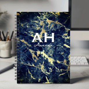 Caderno Espiral monograma de dourado azul-mármore azul-mácula mari