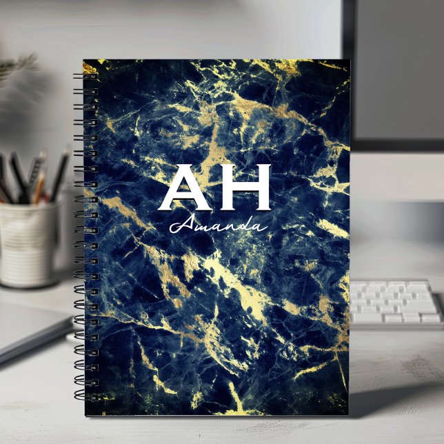 Caderno Espiral monograma de dourado azul-mármore azul-mácula mari (Criador carregado)