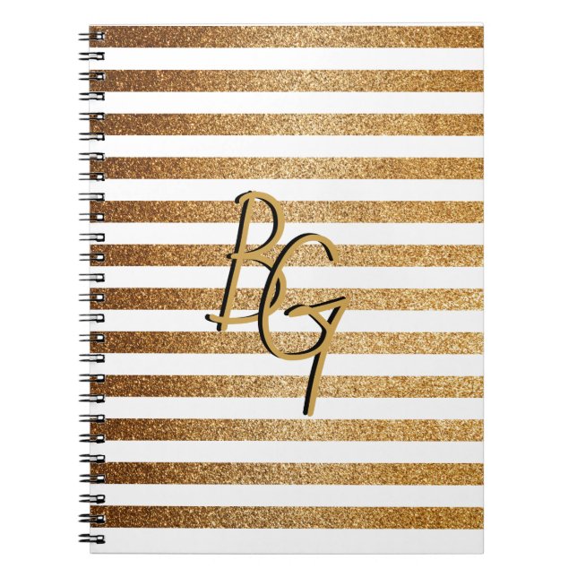 Caderno Espiral Monograma de faixa Dourada branca Elegante (Frente)