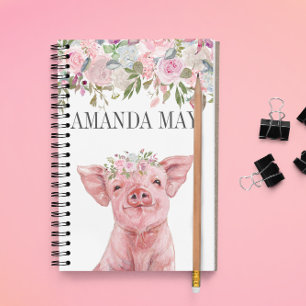 Caderno Espiral monograma de Flor de Floral de Porco Rosa em aquar