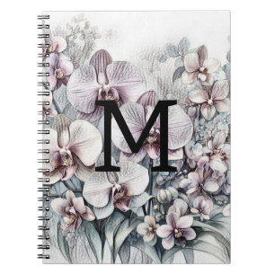 Caderno Espiral Monograma de flores de orquídeas cor-de-rosa
