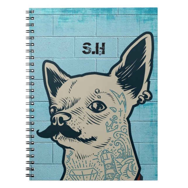 Caderno Espiral Monograma de Grafite de Chihuahua Mustache (Frente)