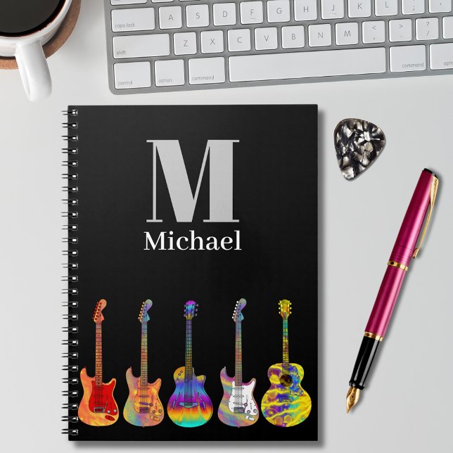 Caderno Espiral Monograma de Guitarras Coloridas (Colorful guitars on black custom monogram notebook for guitarists music guitar teachers musicians )