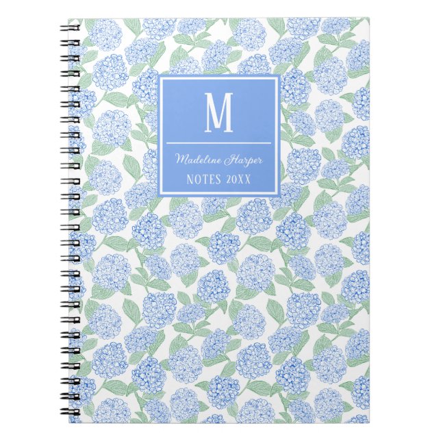 Caderno Espiral Monograma de Hydrangeas Azul e Verde (Frente)