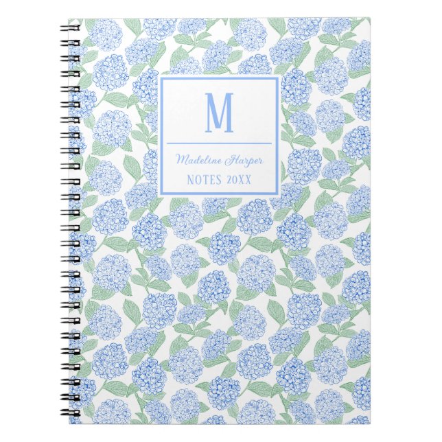 Caderno Espiral Monograma de Hydrangeas Azul e Verde (Frente)