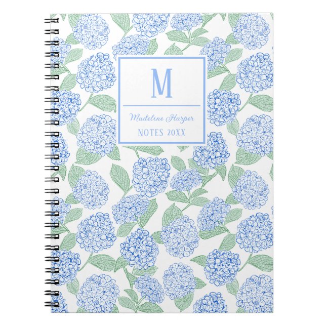 Caderno Espiral Monograma de Hydrangeas Azul e Verde (Frente)