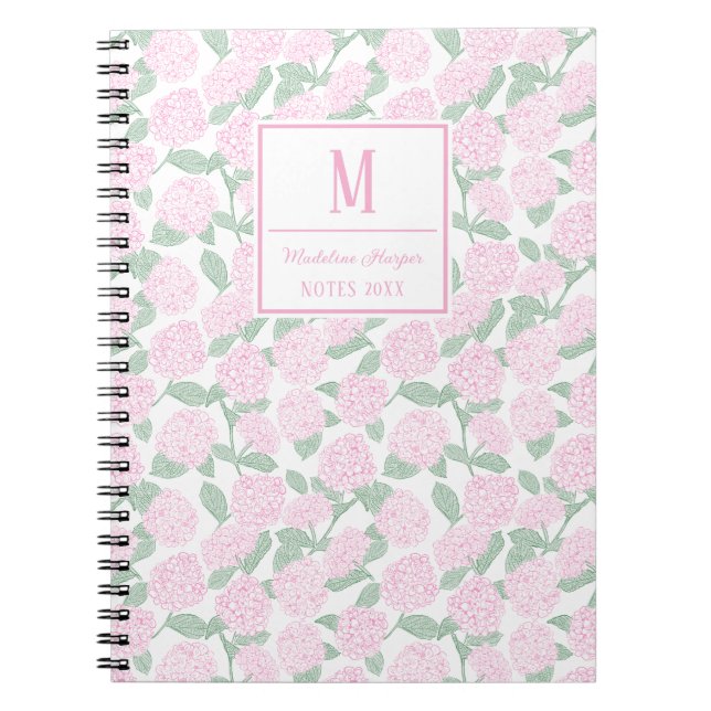 Caderno Espiral Monograma de Hydrangeas Verdes e Pink (Frente)