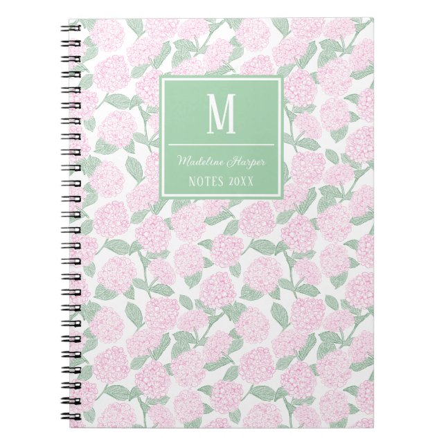 Caderno Espiral Monograma de Hydrangeas Verdes e Pink (Frente)