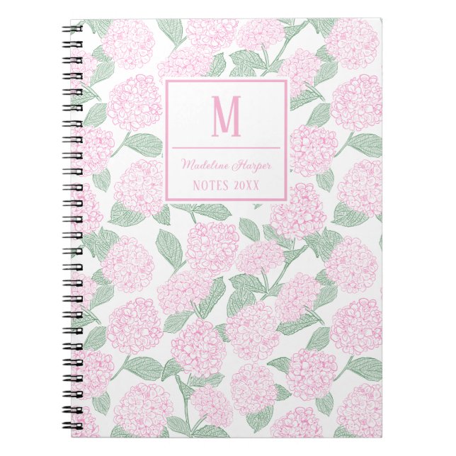 Caderno Espiral Monograma de Hydrangeas Verdes e Pink (Frente)