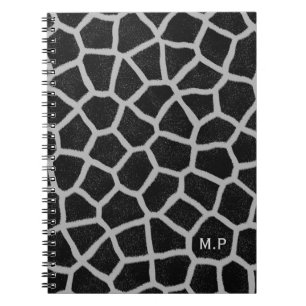 Caderno Espiral Monograma de Impressão de Girafa Preto e Branco