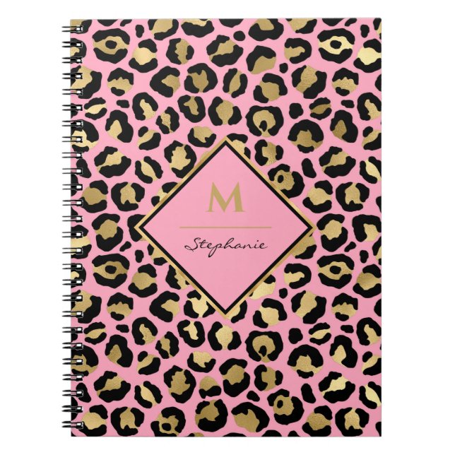 Caderno Espiral Monograma de Impressão de Leopardo Preto e Dourado (Frente)
