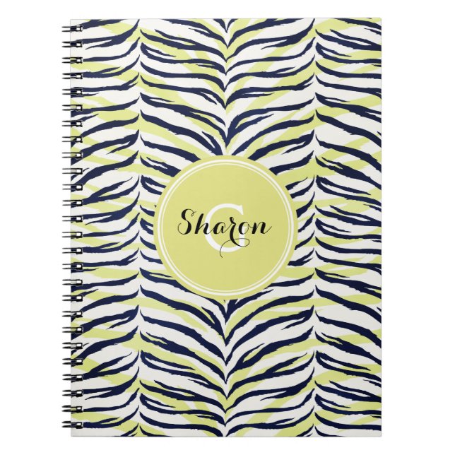 Caderno Espiral Monograma de impressão em branco e zebra amarela (Frente)