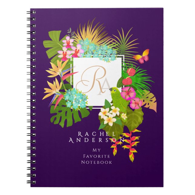 Caderno Espiral Monograma de Jardim Tropical Roxo (Frente)