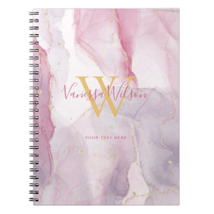 Caderno Espiral Monograma de letra cursiva com veias douradas rosa