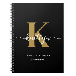 Caderno Espiral Monograma de Letra Cursiva em Preto e Dourado