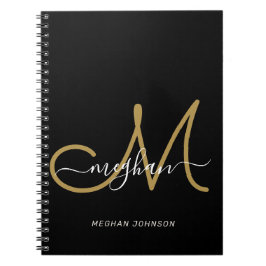 Caderno Espiral Monograma de letra manuscrita Black Gold moderno
