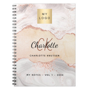 Caderno Espiral Monograma de logotipo de ouro rosa Ágata elegante
