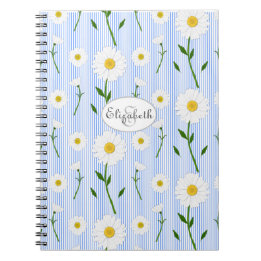 Caderno Espiral Monograma de margaridas de Verão Padrão Espelho Az