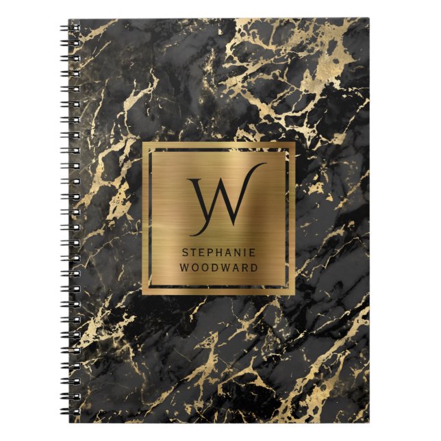 Caderno Espiral Monograma de Mármore Dourado preto Elegante (Frente)
